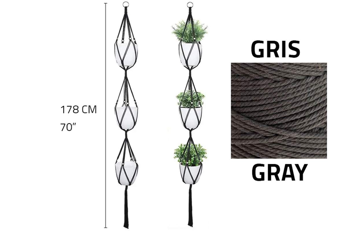 multiple plant hanger Macrame Plant Hanger Triple Vert. 70” Grey
